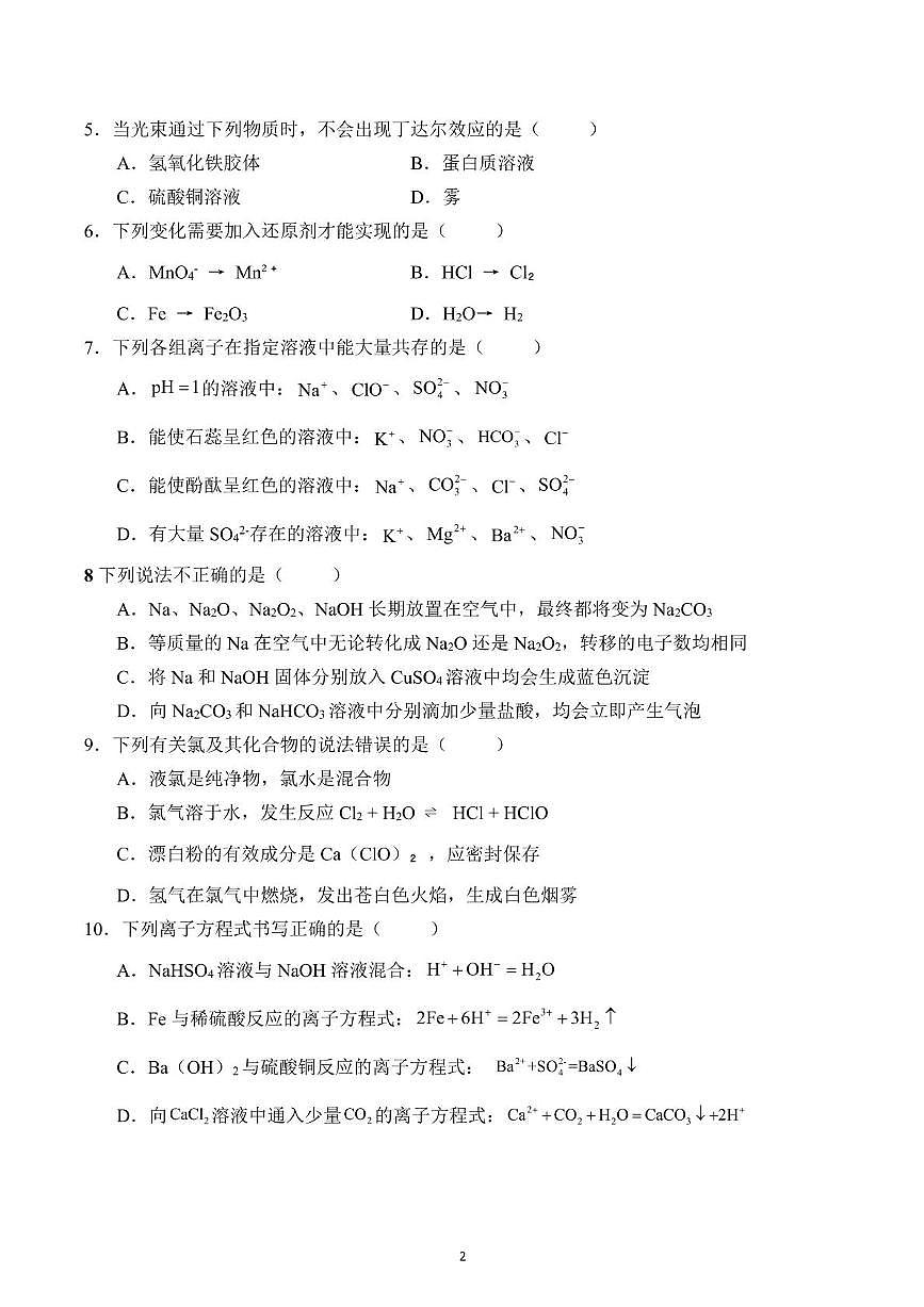 四川省内江市某学校2025-2026学年高一上学期期中考试化学试卷第2页