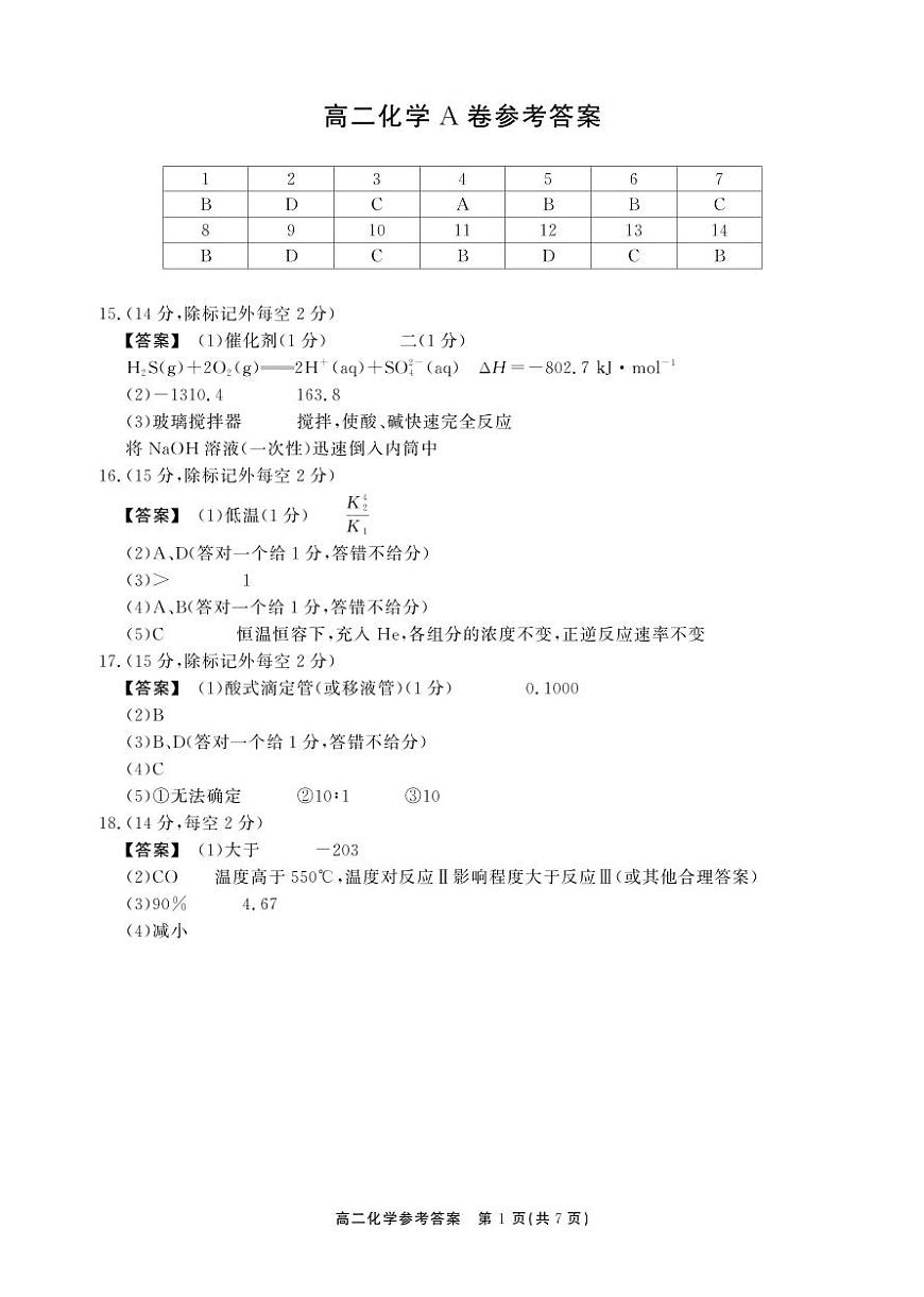 【化学A卷答案】安徽省鼎尖名校大联考2025-2026学年上学期高二11月期中考试第1页