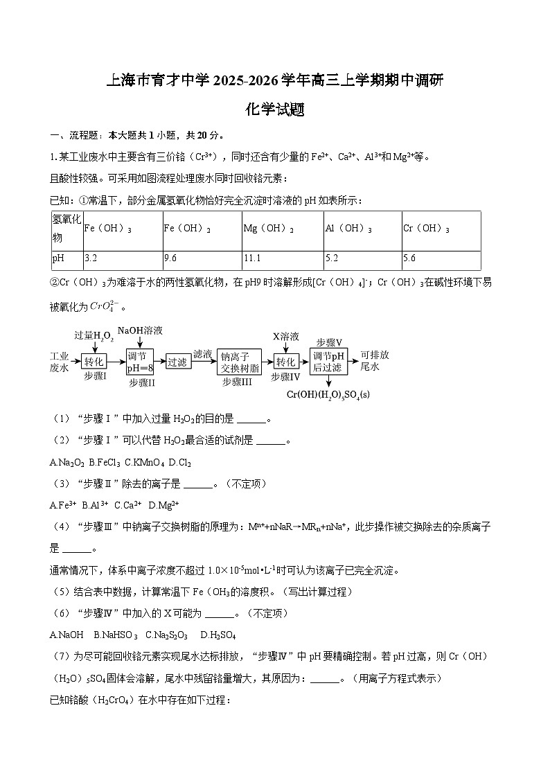上海市育才中学2025-2026学年高三上学期期中调研化学试题（含答案）第1页
