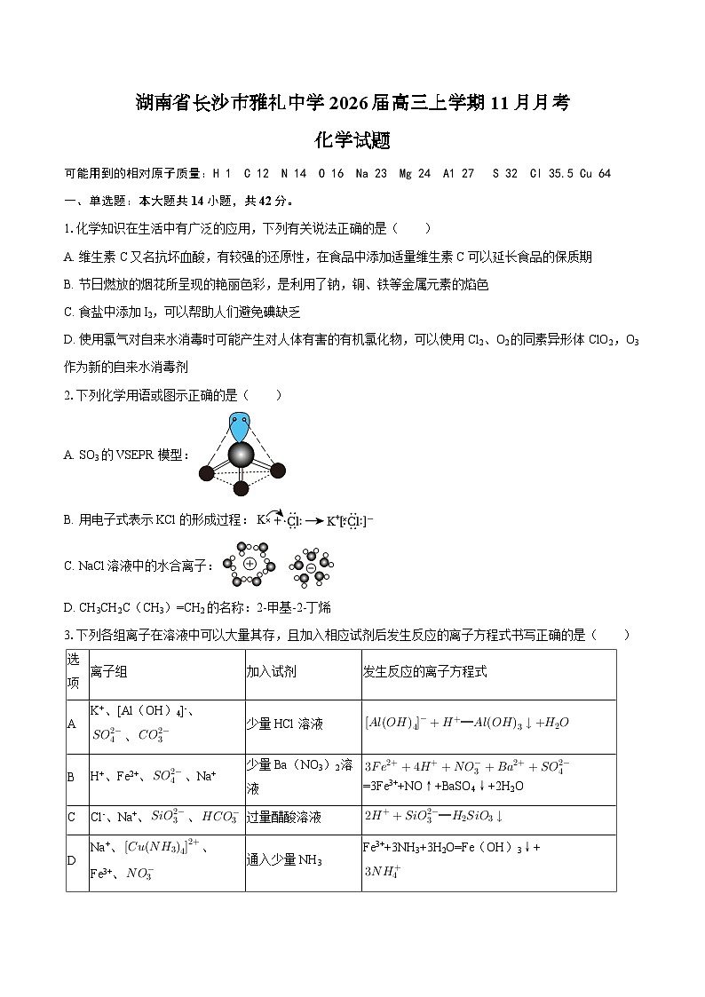 湖南省长沙市雅礼中学2026届高三上学期11月月考化学试题 （含答案）第1页