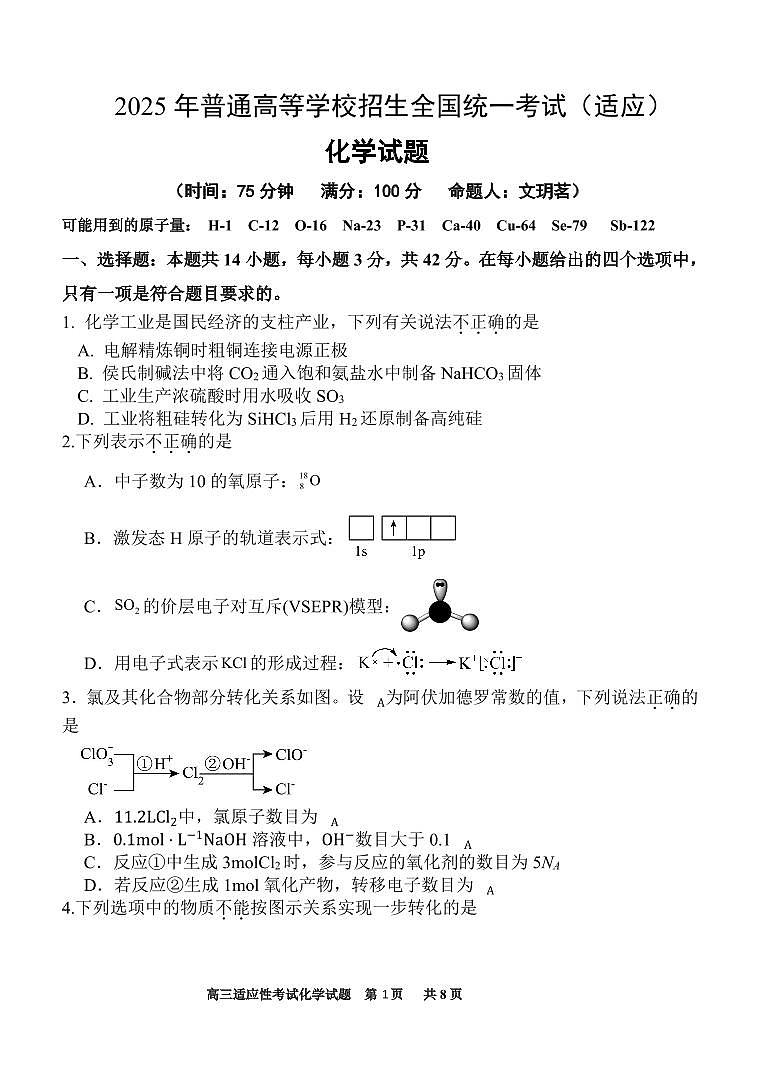 陕西省西安中学2025届高三下学期高考前适应性考试化学试题+（月考）第1页