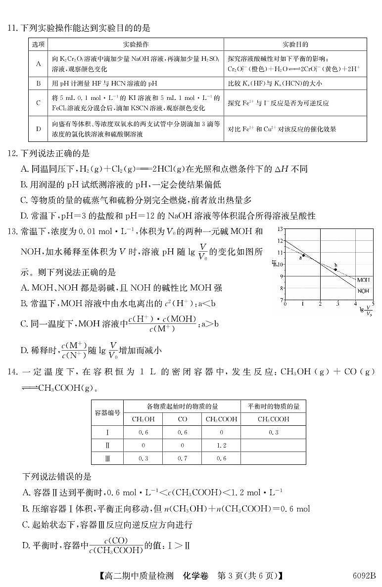 安徽省华师联盟2025~2026学年秋季学期高二期中质量检测化学试卷（含答案）第3页