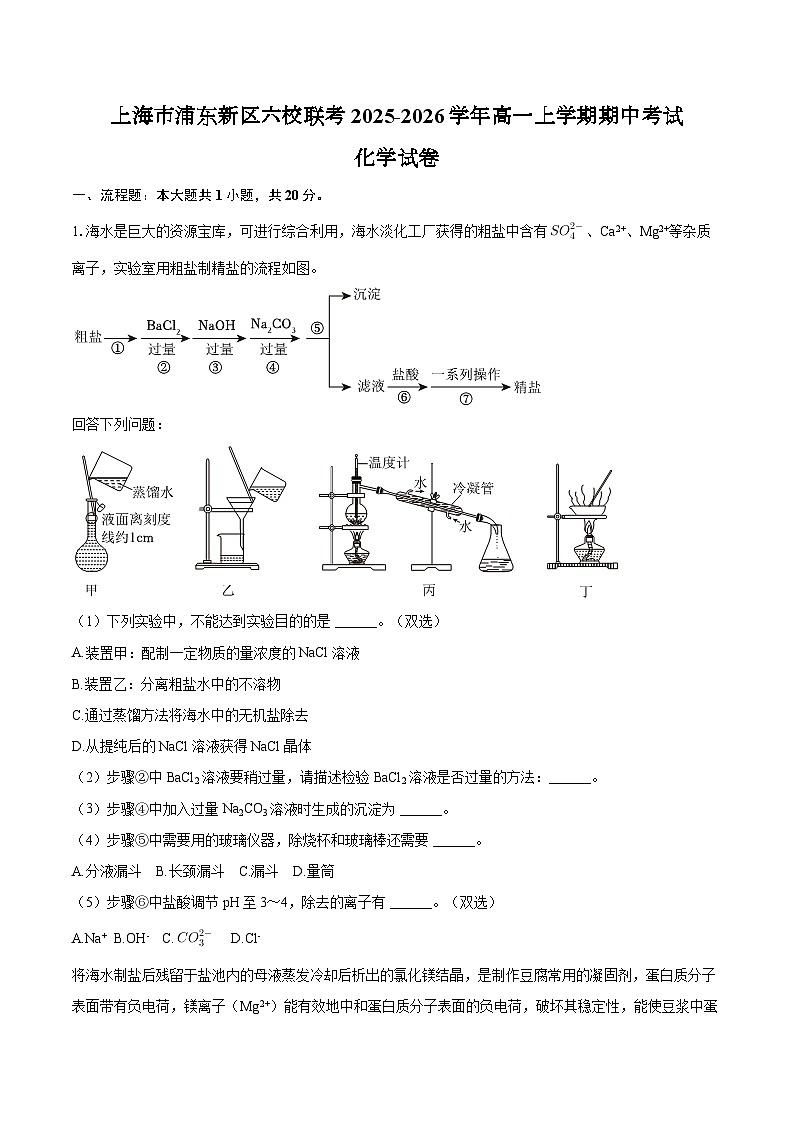 上海市浦东新区六校联考2025-2026学年高一上学期期中考试化学试卷（含答案）第1页