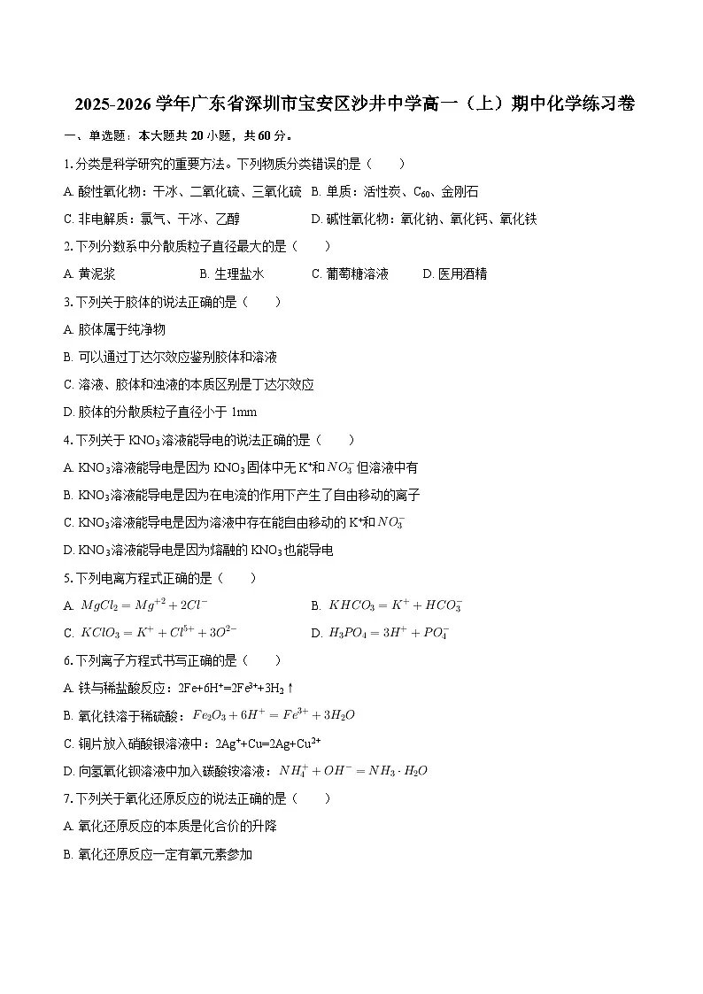2025-2026学年广东省深圳市宝安区沙井中学高一（上）期中化学练习卷第1页