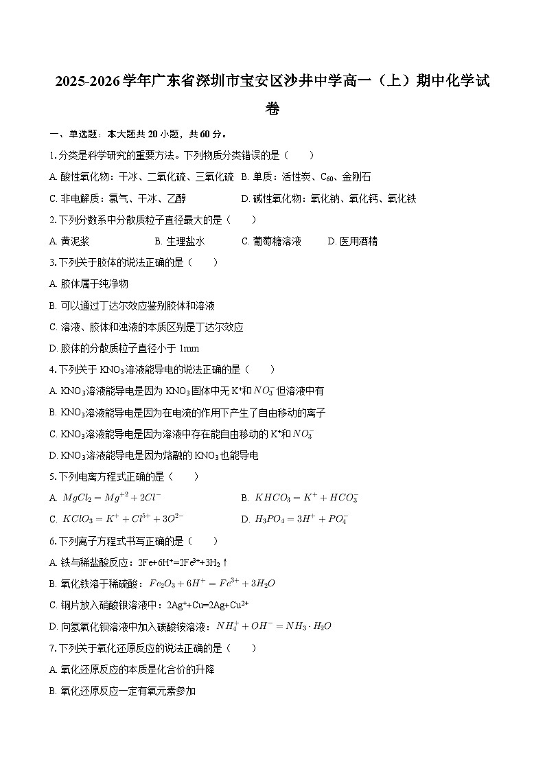 2025-2026学年广东省深圳市宝安区沙井中学高一（上）期中化学试卷-自定义类型第1页