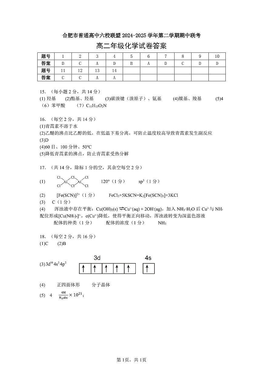 安徽省合肥市普通高中六校联盟2024-2025学年高二下学期期中联考化学试卷答案第1页