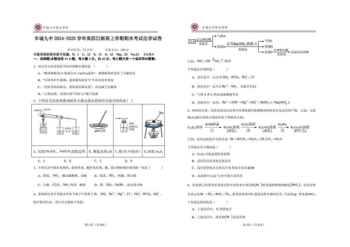 江西省宜春市丰城市第九中学2024-2025学年高三（复读班）上学期期末考试化学试第1页
