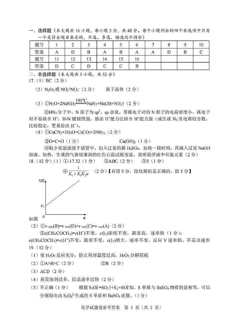2026届温州一模化学答案第1页