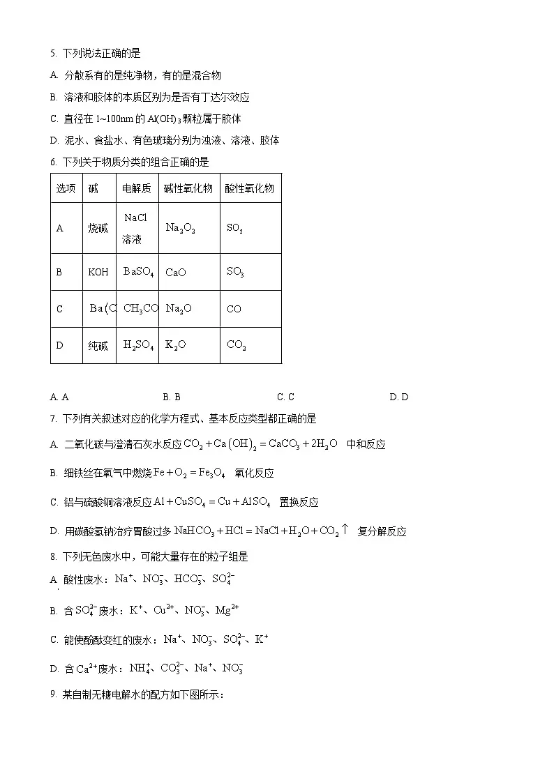 安徽省1号卷A10联盟2025-2026学年高一上学期10月学情诊断化学试题（人教版B） Word版无答案第2页