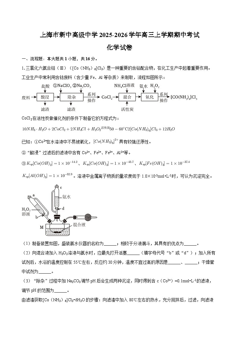 上海市新中高级中学2025-2026学年高三上学期期中考试化学试卷（含答案）第1页