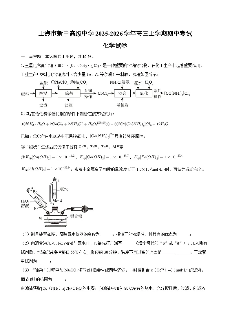 上海市新中高级中学2025-2026学年高三上学期期中考试化学试卷（含答案）第1页