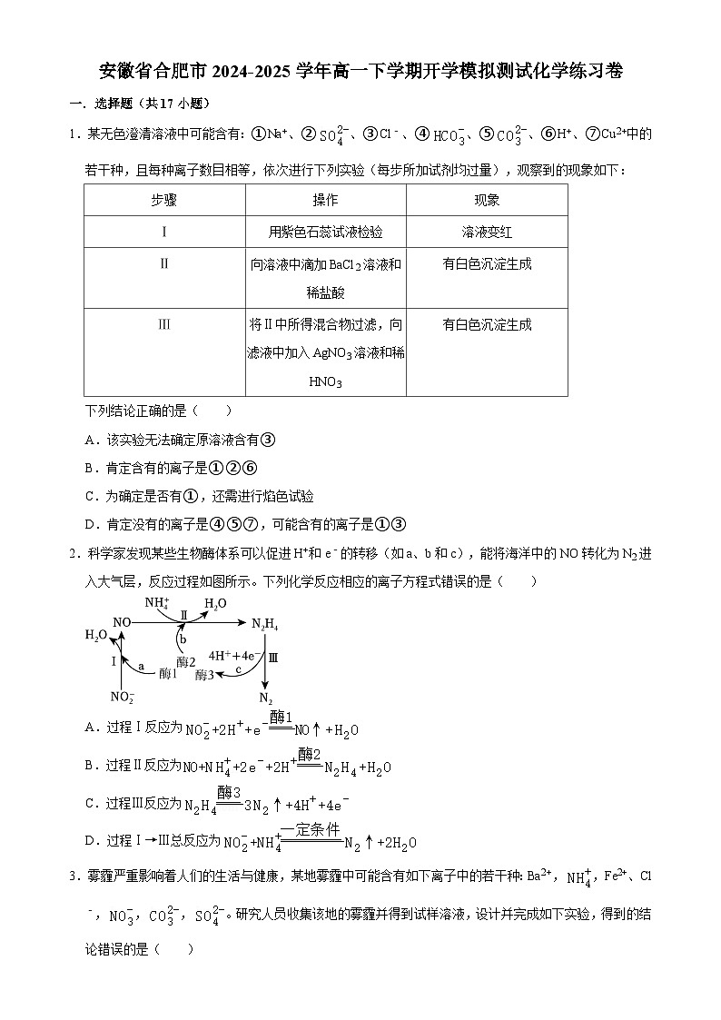 安徽省合肥市2024-2025学年高一下学期开学模拟测试化学练习卷-A4第1页