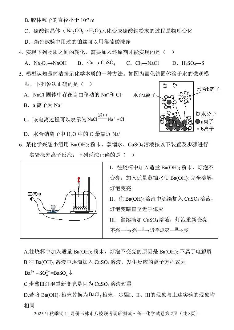 广西玉林市八校2025年秋季期11月份高一年级上学期联合调研测试化学试卷（含答案）第2页