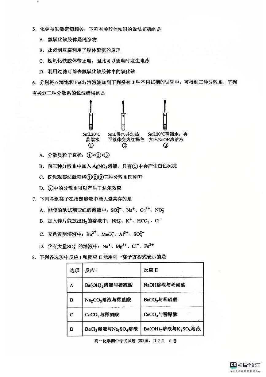 广东省深圳中学2025-2026学年高一上学期期中化学试卷（含答案）第2页