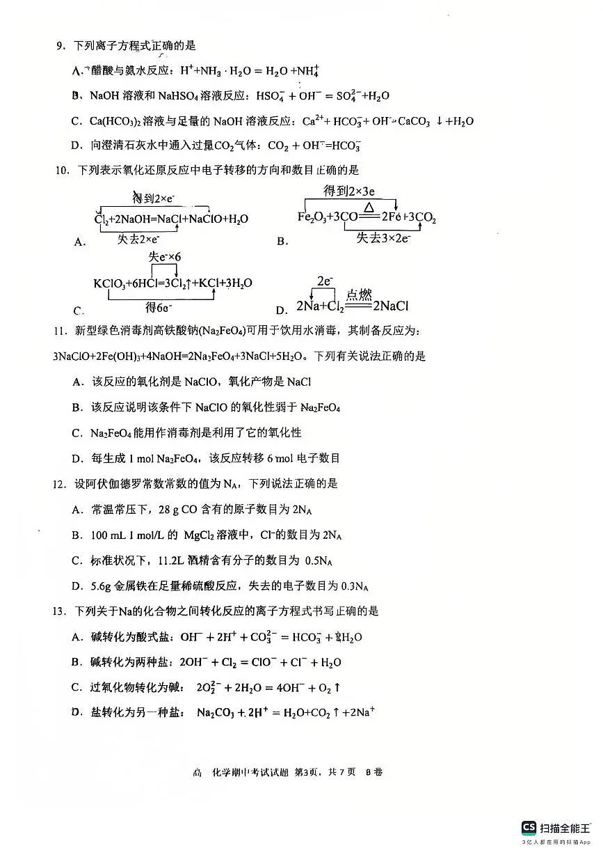 广东省深圳中学2025-2026学年高一上学期期中化学试卷（含答案）第3页