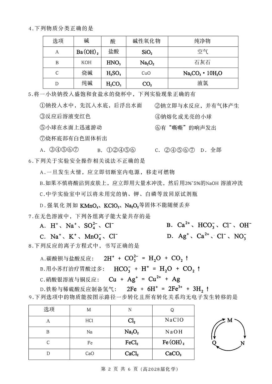 重庆名校联盟2025-2026学年高一上学期11月期中联考化学试题（含答案）第2页