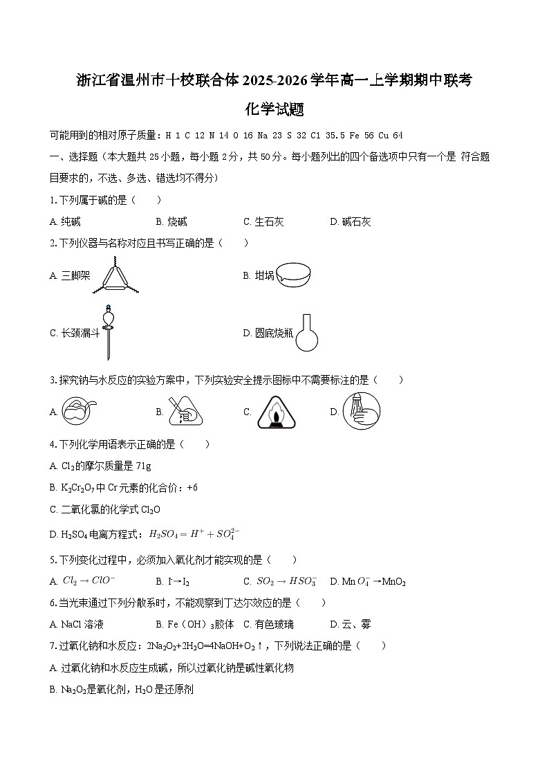 浙江省温州市十校联合体2025-2026学年高一上学期期中联考化学试题（含答案）第1页