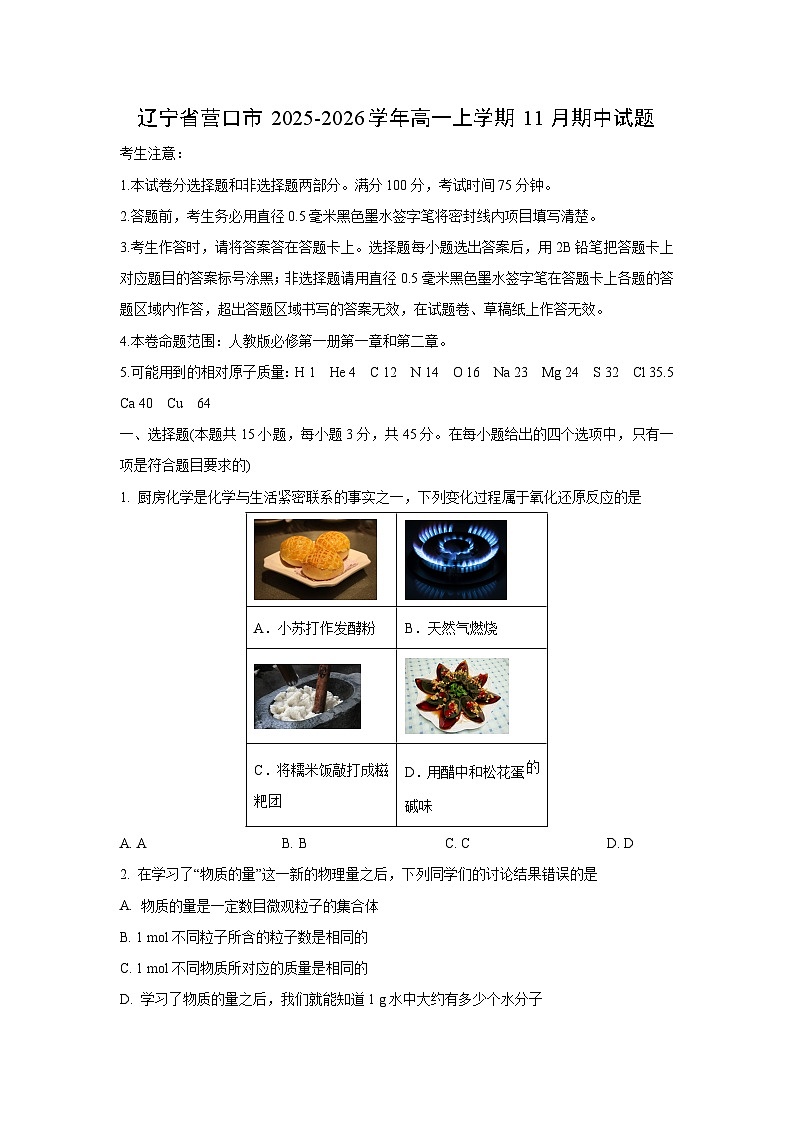 辽宁省营口市2025-2026学年高一上学期11月期中化学试卷（学生版）第1页