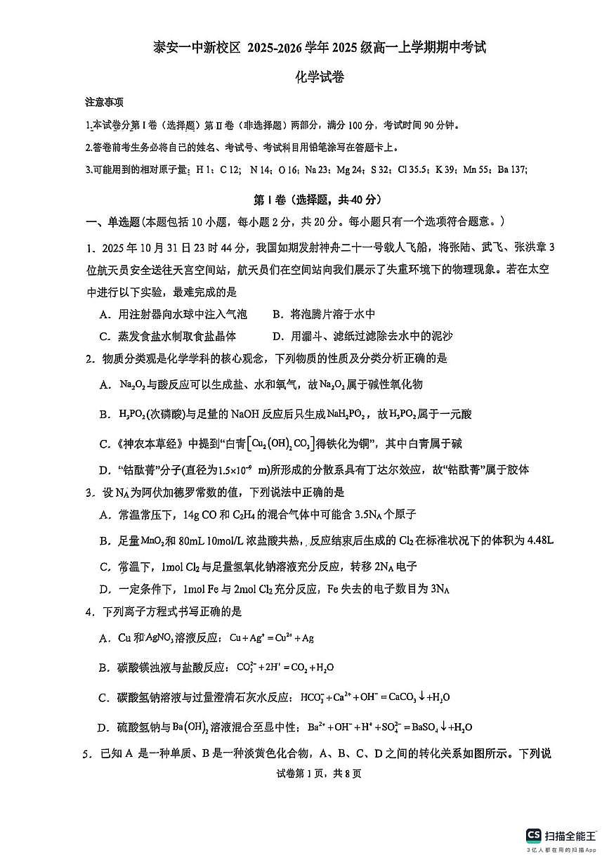 山东省泰安第一中学新校区2025-2026学年高一上学期期中考试化学试题第1页