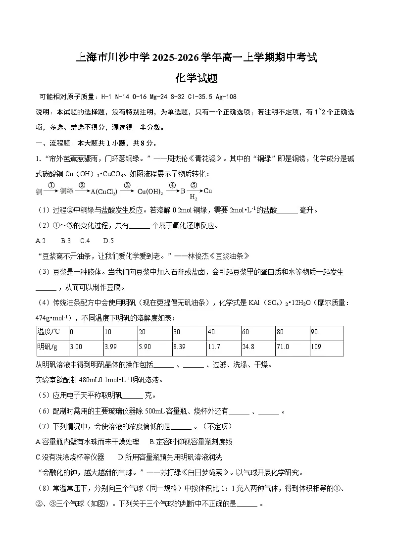 上海市川沙中学2025-2026学年高一上学期期中考试化学试题（含答案）第1页