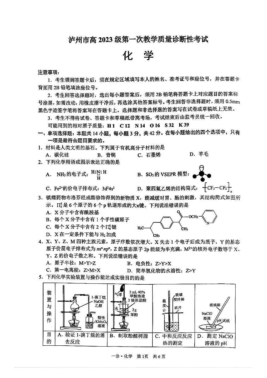 四川省泸州市2026届高三上学期一诊化学试题（月考）第1页