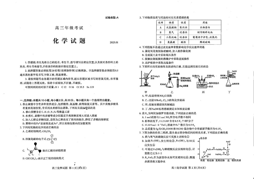 山东省泰安市2024-2025学年高三上学期1月期末考试 化学试题第1页