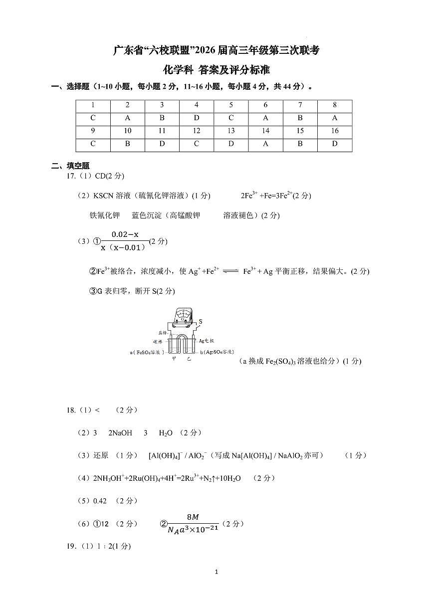 “六校联盟”2026届高三年级第三次联考化学参考答案（定稿）第1页