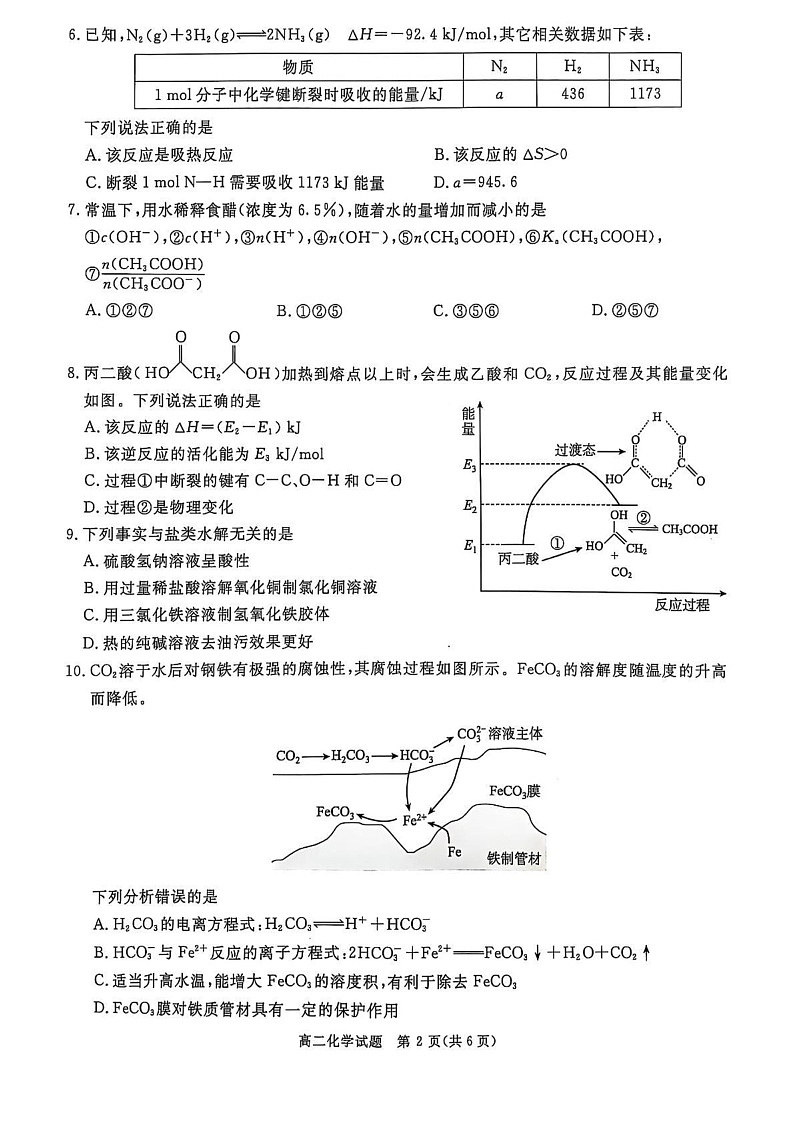 四川省广元市2024-2025学年高二上学期期末质量监测 化学试题第2页