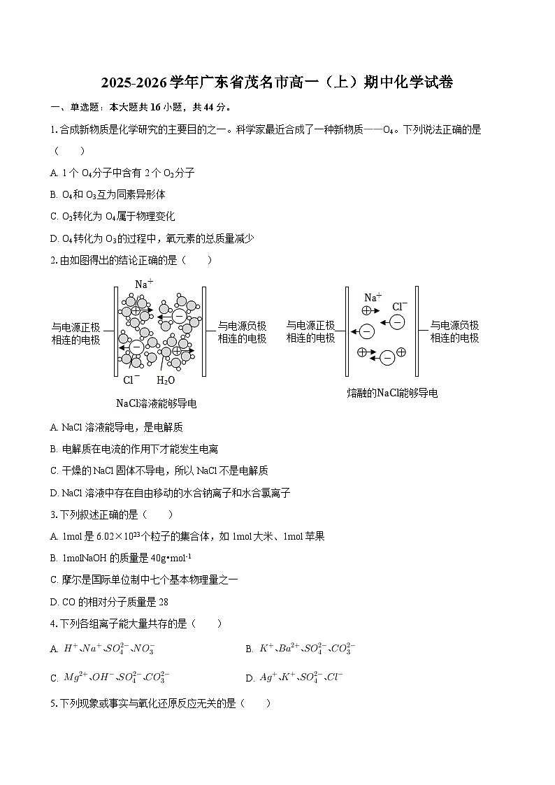 2025-2026学年广东省茂名市高一（上）期中化学试卷-自定义类型第1页