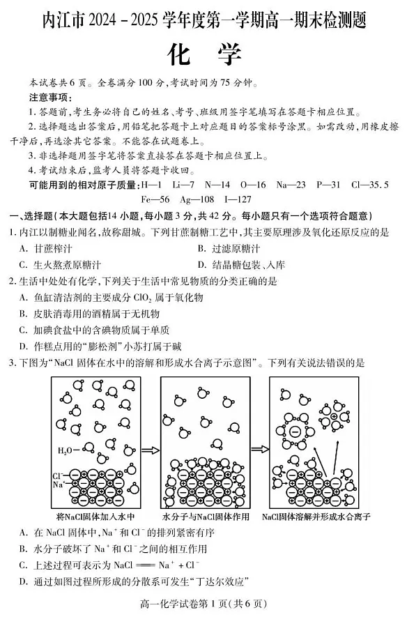 四川省内江市2024-2025学年高一上学期期末检测化学试题第1页