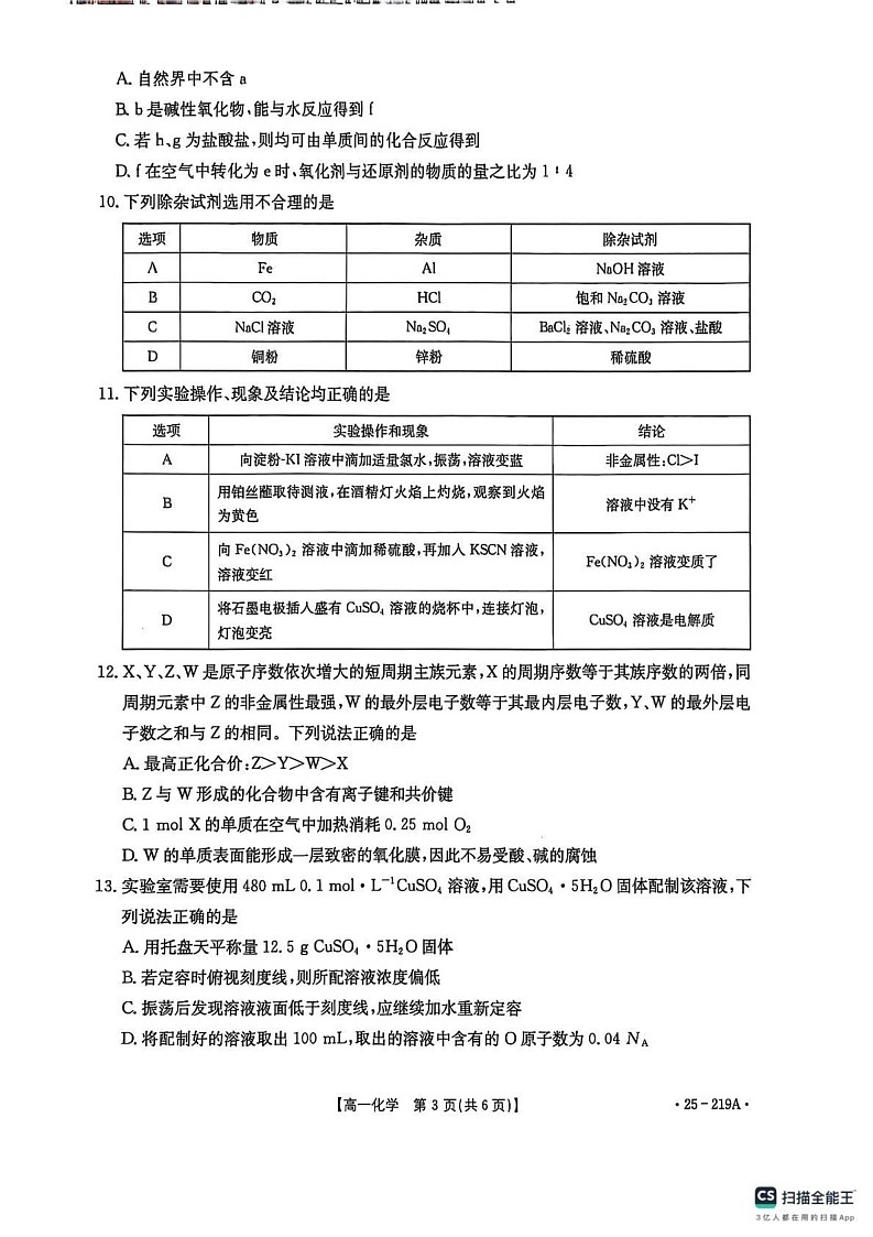云南省楚雄彝族自治州2024-2025学年高一上学期1月期末教育学业质量监测 化学试题第3页