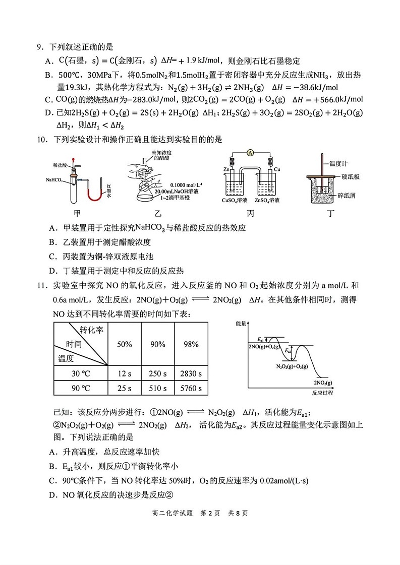 浙江省宁波市慈溪市2024-2025学年高二上学期期末测试 化学试题第2页