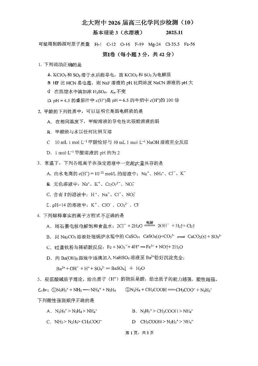 2025北京北大附中高三（上）检测十化学试卷第1页