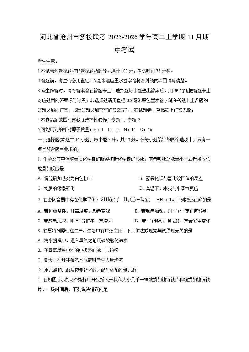 河北省沧州市多校联考2025-2026学年高二上学期11月期中考试化学试卷（学生版）第1页