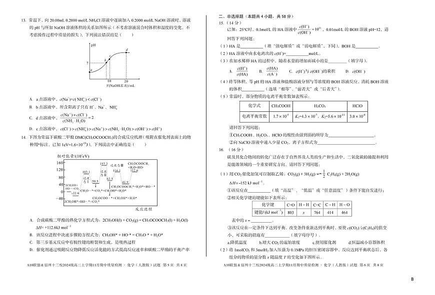 安徽省A10联盟宿州十三校2024级高二上学期11月期中质量检测【化学试卷】（B卷）（人教版）（含答案）第3页
