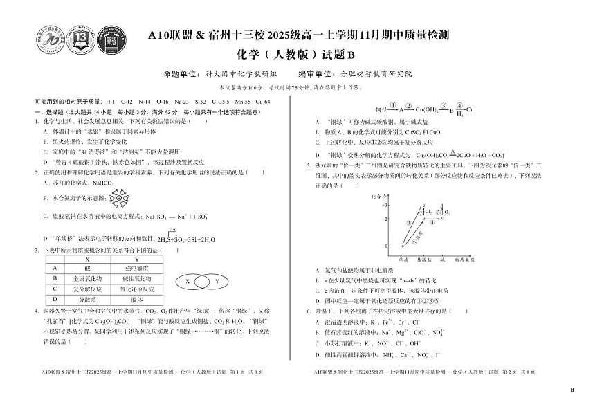 安徽省A10联盟宿州十三校2025级高一上学期11月期中质量检测【化学试卷】（B卷）（人教版）（含答案）第1页