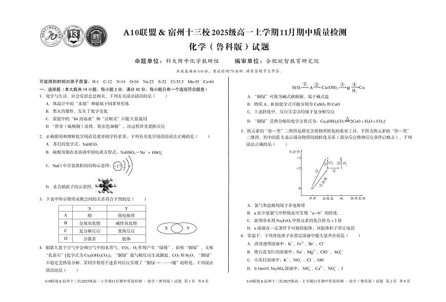 安徽省A10联盟宿州十三校2025级高一上学期11月期中质量检测【化学试卷】（鲁科版）（含答案）第1页