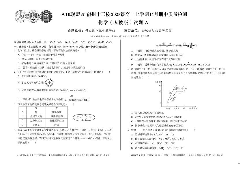 安徽省A10联盟宿州十三校2025级高一上学期11月期中质量检测【化学试卷】（A卷）（人教版）（含答案）第1页