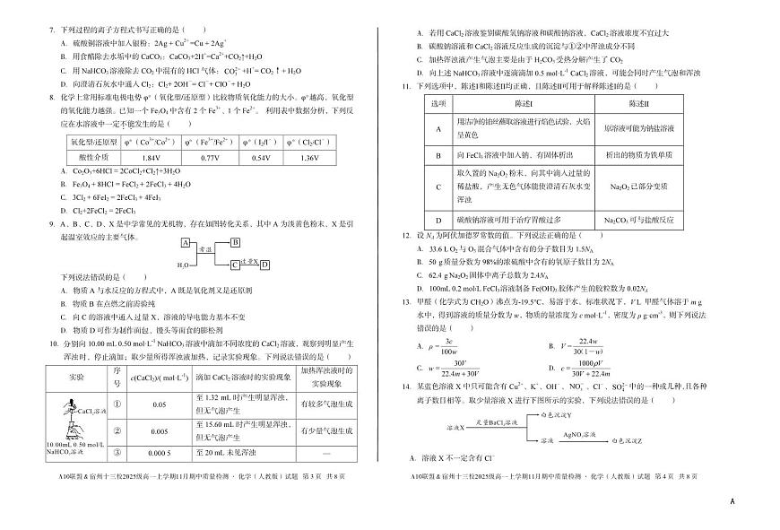 安徽省A10联盟宿州十三校2025级高一上学期11月期中质量检测【化学试卷】（A卷）（人教版）（含答案）第2页