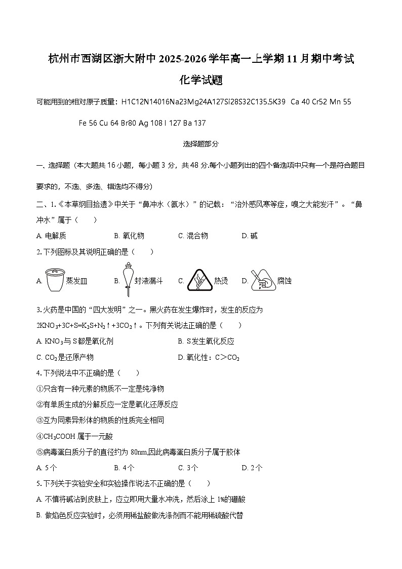 浙江省杭州市西湖区浙大附中2025-2026学年高一上学期11月期中考试化学试题（含答案）第1页