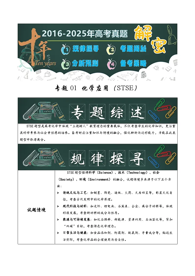 专题01 化学应用（STSE）（原卷版）第1页
