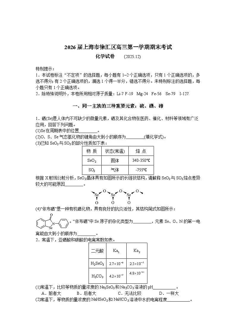上海市徐汇区一模2026届高三第一学期期末考试 化学试题（原卷版）第1页