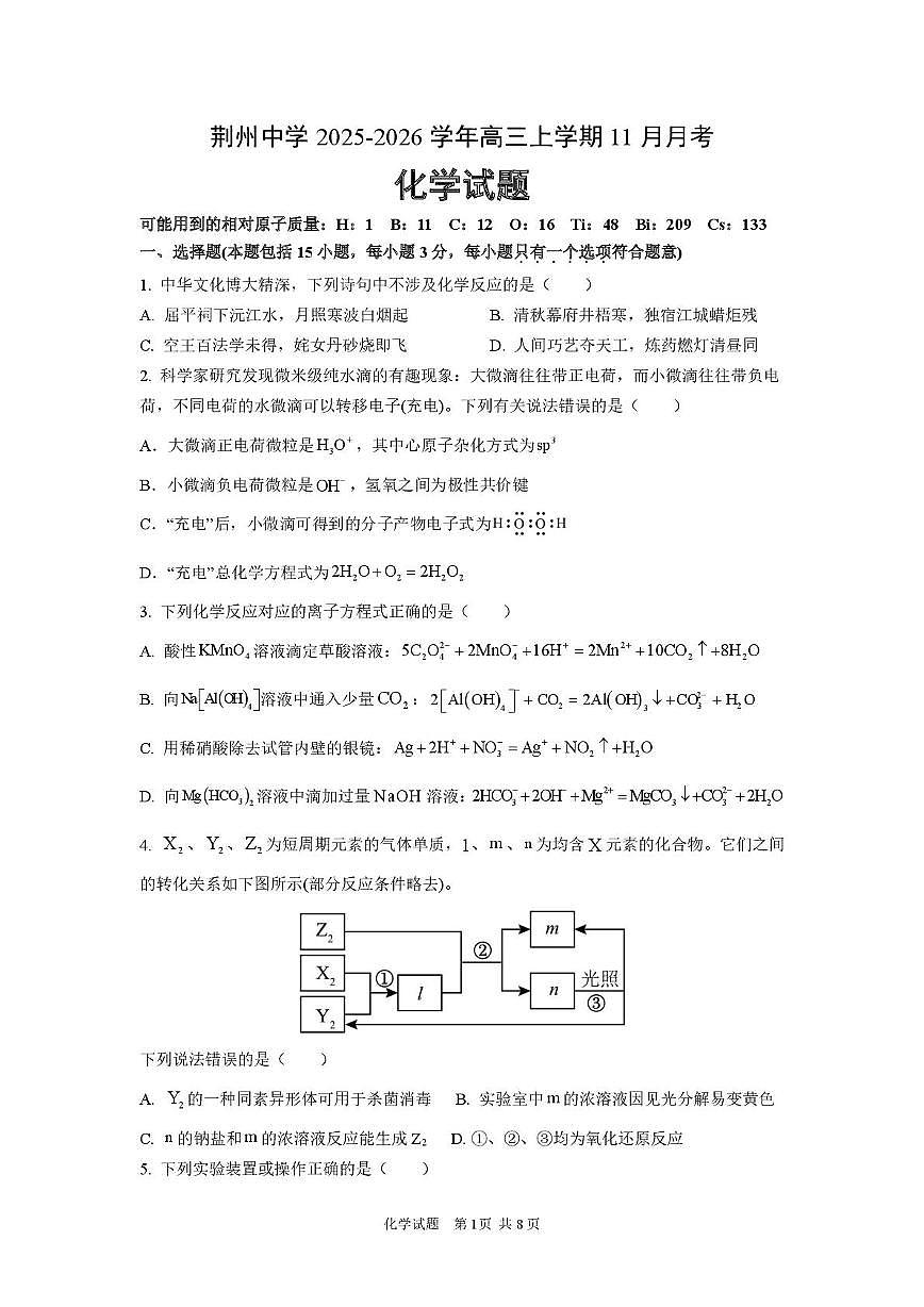 湖北荆州中学2026届高三上学期11月月考化学试题（含答案）第1页