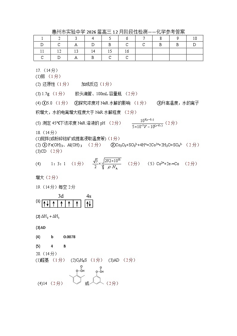 惠州市实验中学2026届高三12月阶段性检测——化学参考答案第1页