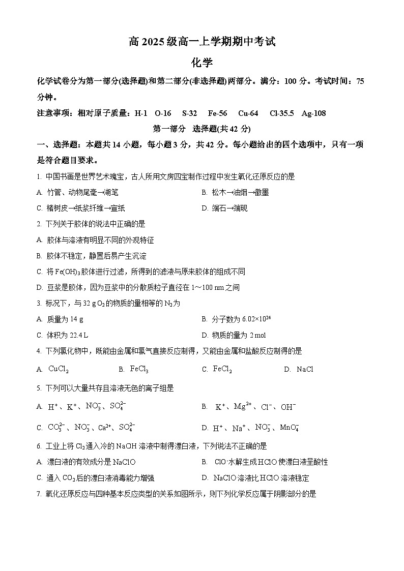 四川省泸州市泸县第五中学2025-2026学年高一上学期11月期中化学试题（原卷版）第1页