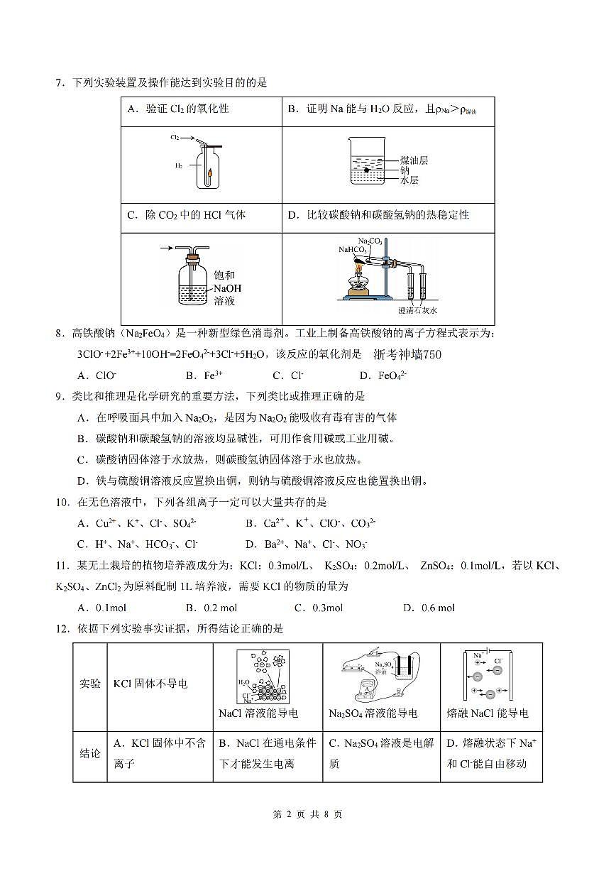 浙江省环大罗山联盟2025-2026学年高一上学期11月期中化学试卷（含答案）第2页