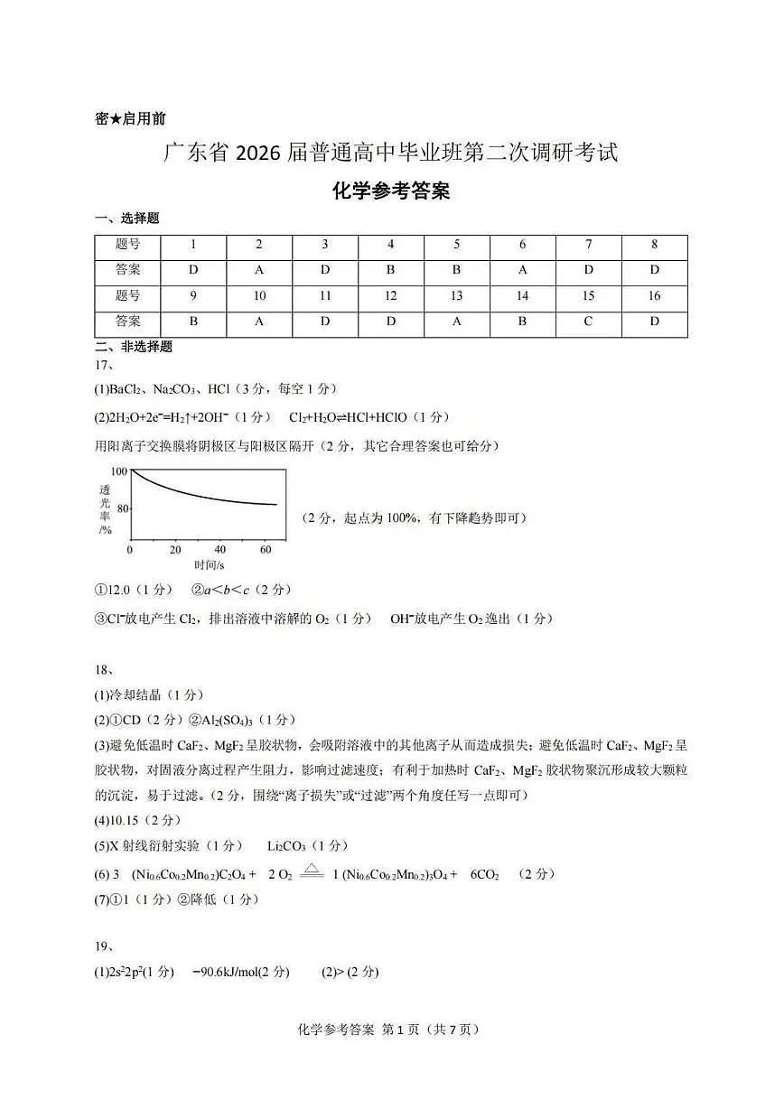 化学答案第1页