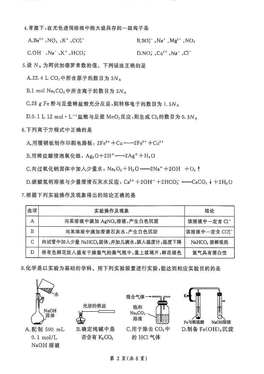 河南省新乡市2025-2026学年高一上学期11月联考化学试卷（PDF版附解析）人教版第2页