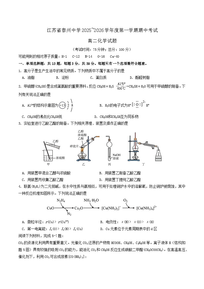 江苏省泰州中学2025-2026学年高二上学期11月期中考试化学试卷（Word版附答案）第1页