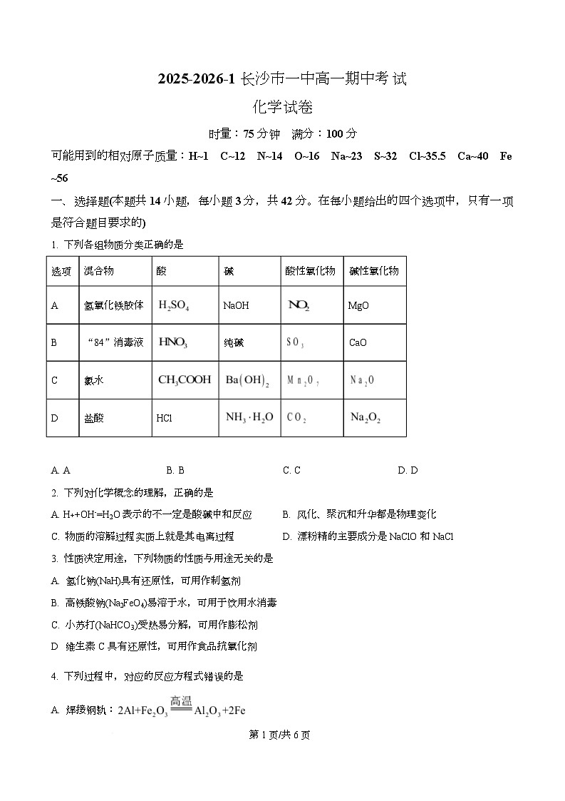 湖南省长沙市第一中学2025-2026学年高一上学期11月期中化学试题（原卷版）第1页